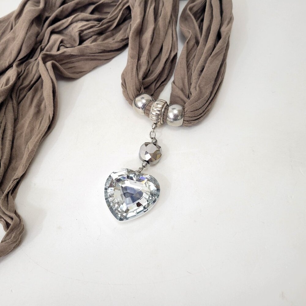 Tan Jersey Jewelry Scarf with Crystal Heart Pendant - Picture 6 of 6